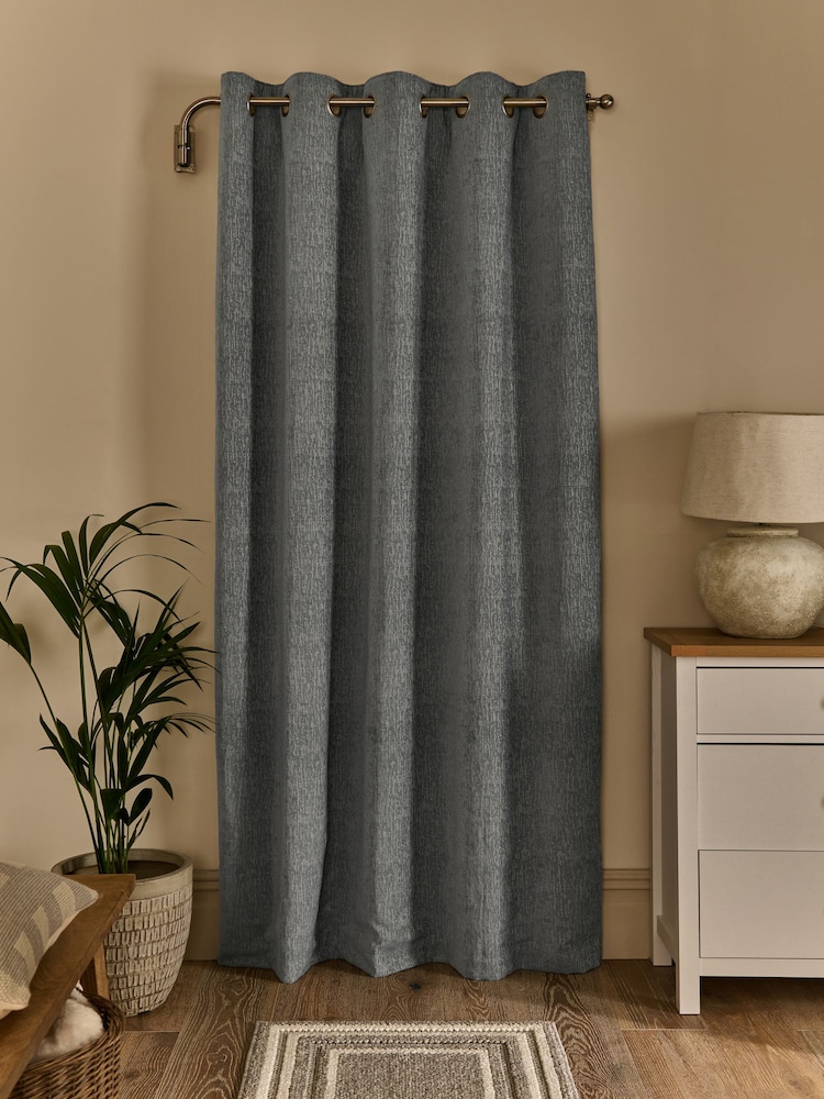 Grey Blue Heavyweight Chenille Super Thermal Eyelet Door Curtains - Image 2 of 5