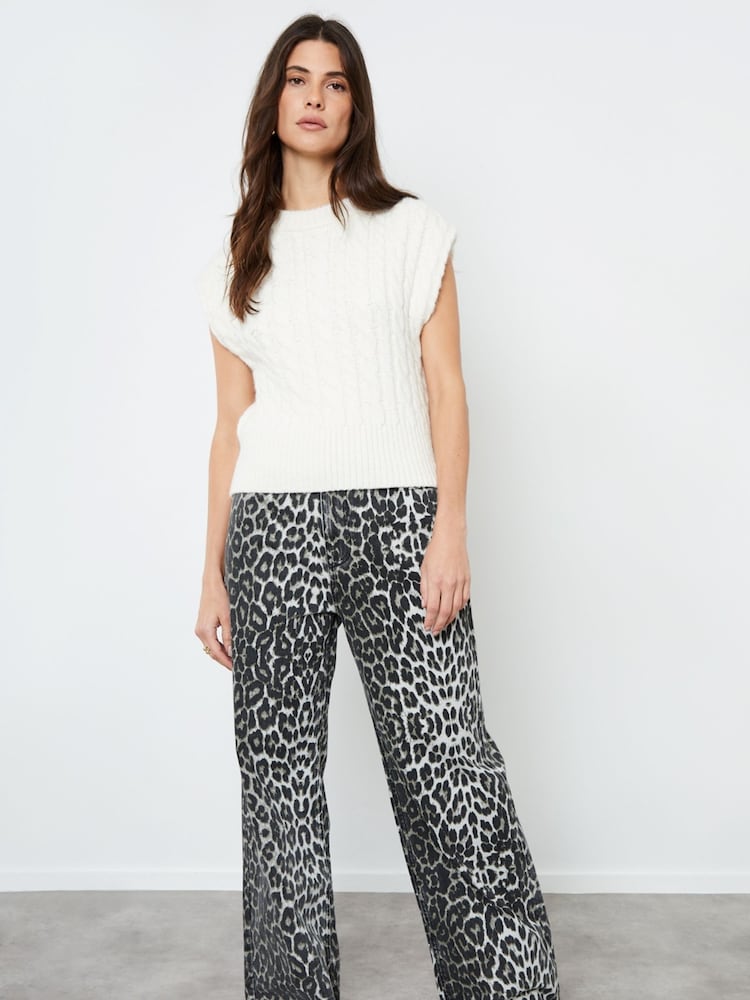 Another Sunday Grey Wide Leg Leopard Print Denim 100% Cotton Jeans - Image 1 of 3