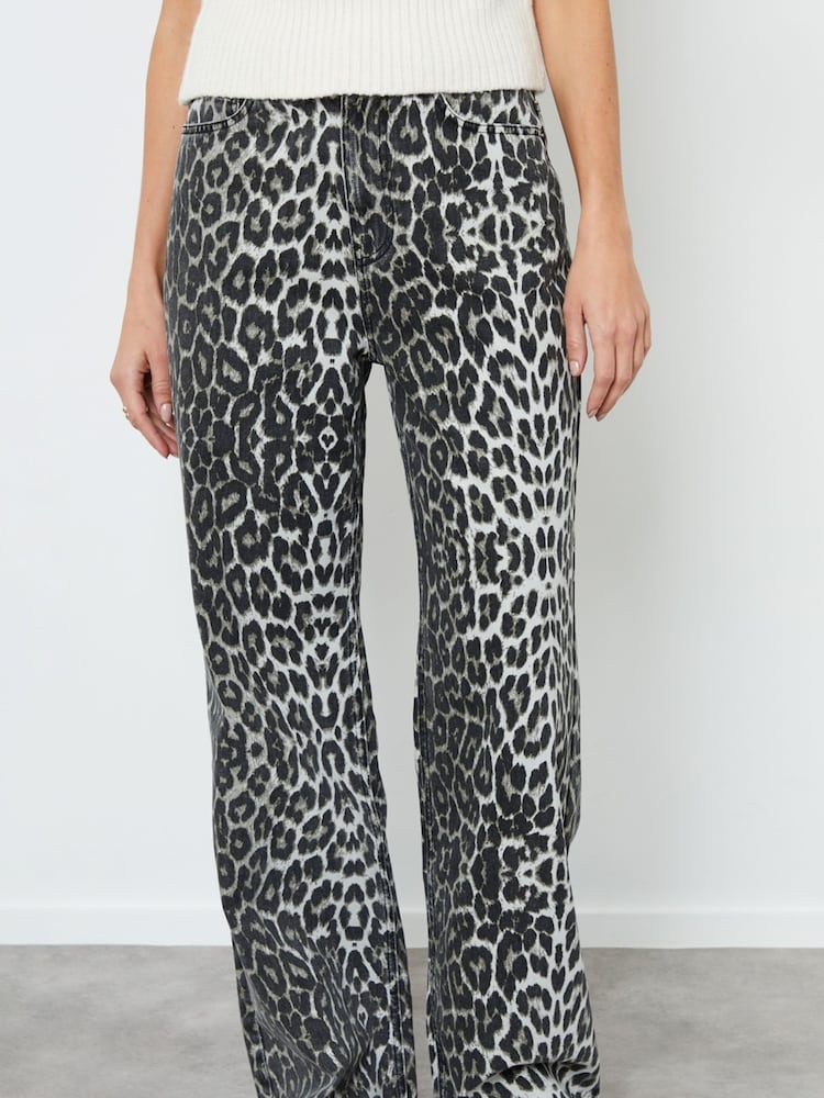 Another Sunday Grey Wide Leg Leopard Print Denim 100% Cotton Jeans - Image 2 of 3