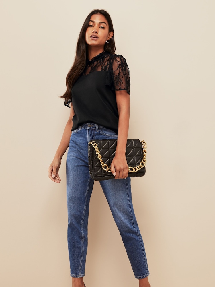 Friends Like These Navy Lace Yoke Flutter Sleeve Blouse - Image 3 of 4