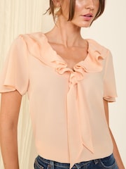 Friends Like These Pink Short Sleeve Ruffle Bow Front Blouse - Image 2 of 4