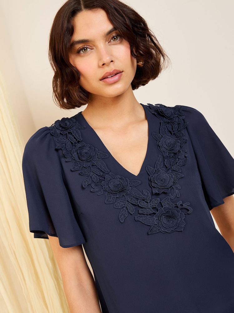 Friends Like These Navy Short Angel Sleeve 3D Floral Print Blouse - Image 1 of 4