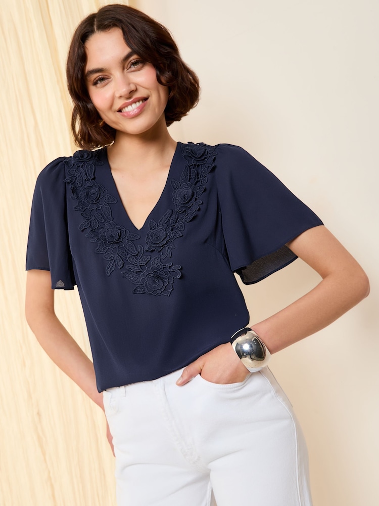 Friends Like These Navy Short Angel Sleeve 3D Floral Print Blouse - Image 5 of 5