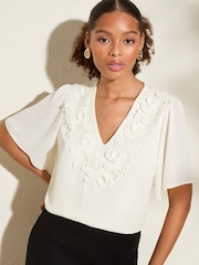 Friends Like These Ivory Short Angel Sleeve 3D Floral Print Blouse - Image 1 of 5