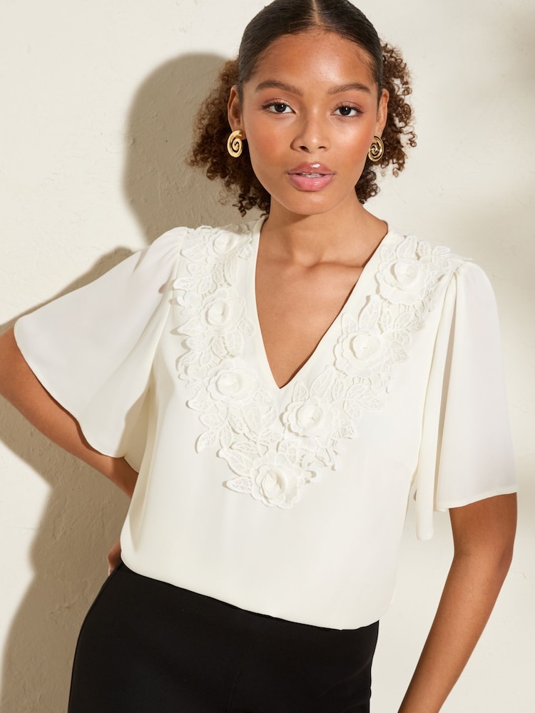 Friends Like These Ivory Short Angel Sleeve 3D Floral Print Blouse - Image 1 of 5