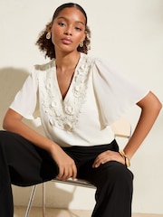 Friends Like These Ivory Short Angel Sleeve 3D Floral Print Blouse - Image 2 of 5