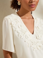 Friends Like These Ivory Short Angel Sleeve 3D Floral Print Blouse - Image 4 of 5