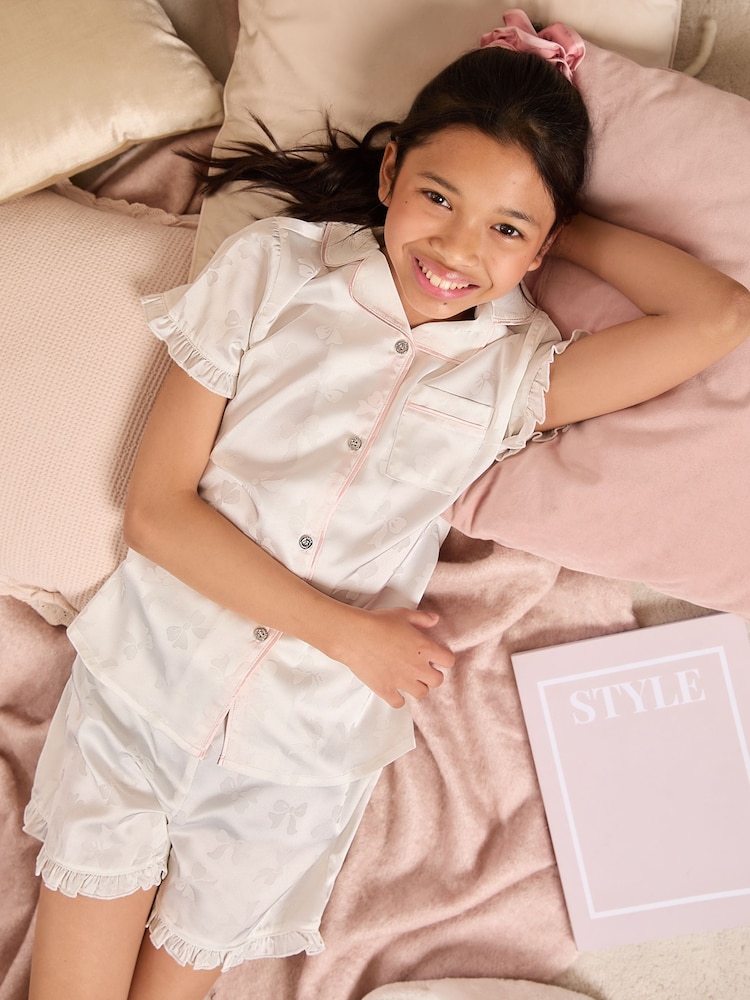 Lipsy White Bow Jacquard Satin Pyjamas (3-16yrs) - Image 3 of 4