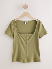 Khaki Green Short Sleeve Ribbed Button Through Top - Image 6 of 8