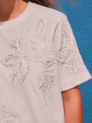 White Floral Print Embellished T-Shirt - Image 4 of 7