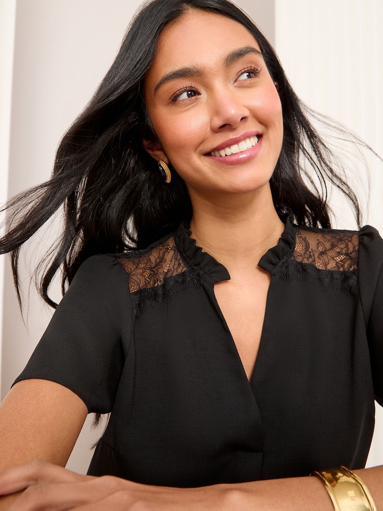 Friends Like These Black Short Sleeve Lace Notch Neck Blouse - Image 1 of 4