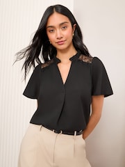 Friends Like These Black Short Sleeve Lace Notch Neck Blouse - Image 2 of 4
