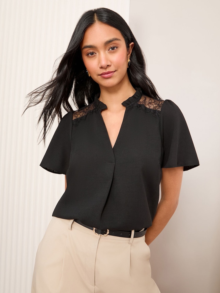 Friends Like These Black Short Sleeve Lace Notch Neck Blouse - Image 2 of 4