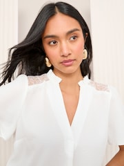 Friends Like These Ivory Short Sleeve Lace Notch Neck Blouse - Image 1 of 5