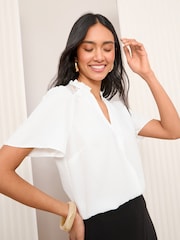Friends Like These Ivory Short Sleeve Lace Notch Neck Blouse - Image 2 of 5