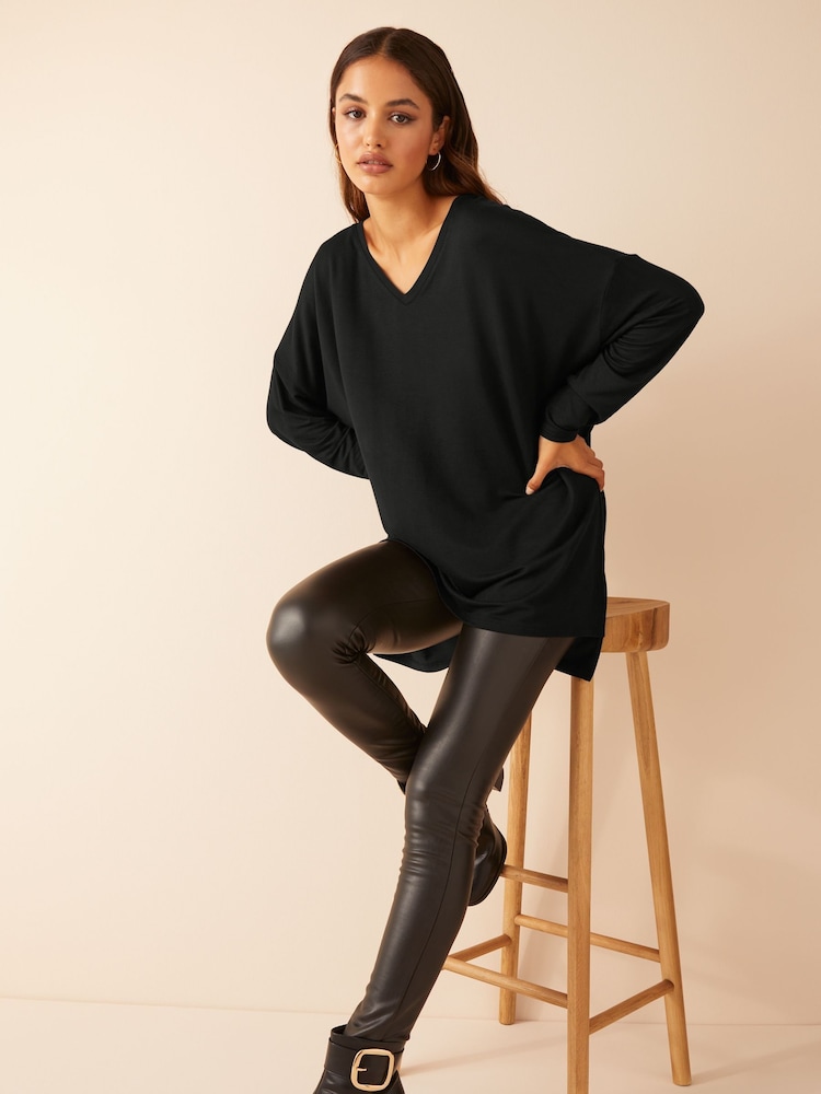 Friends Like These Black Soft Jersey V-Neck Long Sleeve Tunic Top - Image 3 of 4