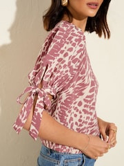 Friends Like These Pink Animal Short Sleeve Tie Blouse - Image 2 of 5