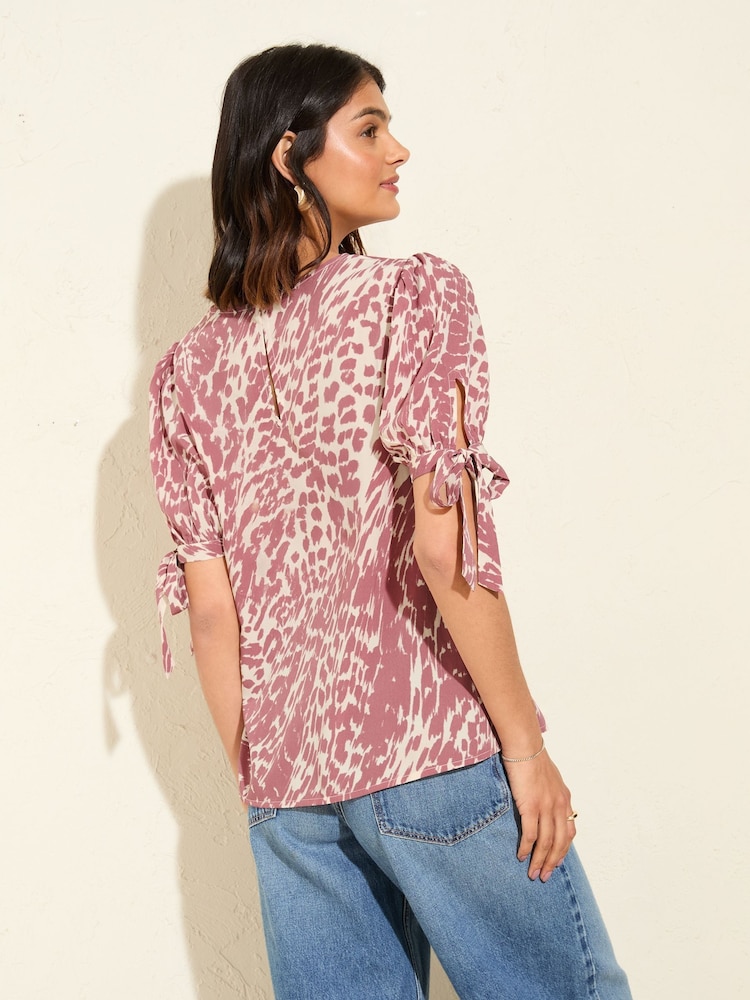 Friends Like These Pink Animal Short Sleeve Tie Blouse - Image 5 of 5