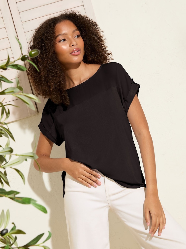 Friends Like These Black Short Sleeve Tunic With Tab Detail - Image 1 of 5 Friends Like These Black Short Sleeve Tunic With Tab Detail - Image 1 of 5