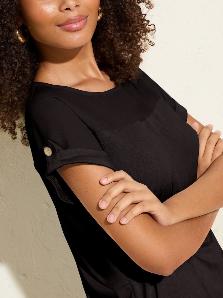 Friends Like These Black Short Sleeve Tunic With Tab Detail - Image 2 of 5 Friends Like These Black Short Sleeve Tunic With Tab Detail - Image 2 of 5