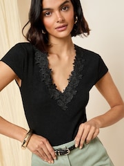 Friends Like These Black Floral Lace Trim Bodysuit - Image 1 of 4