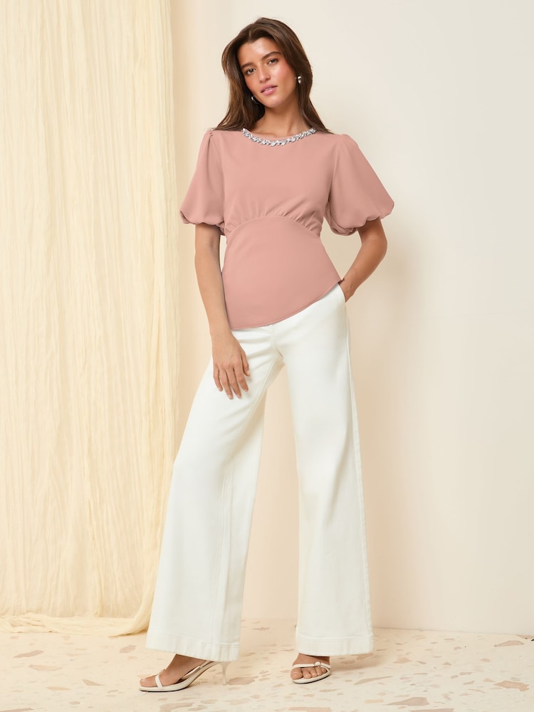 Friends Like These Pink Puff Sleeve Embellished Neck Trim Blouse - Image 3 of 4