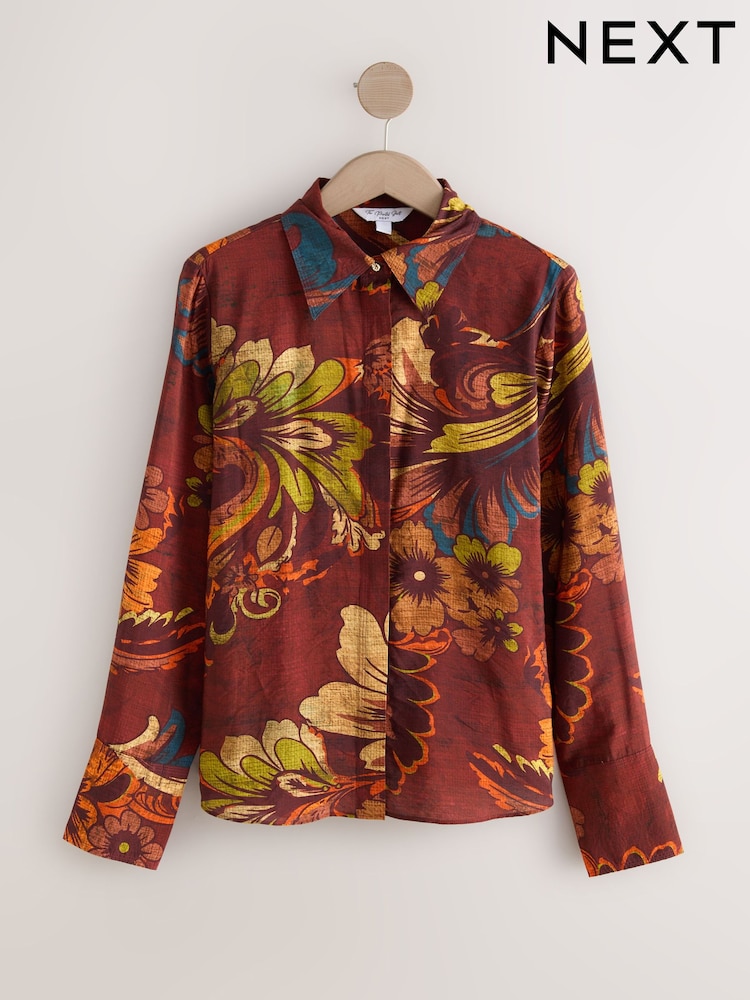Wine Floral Print Long Sleeve Button Down Shirt - Image 1 of 3