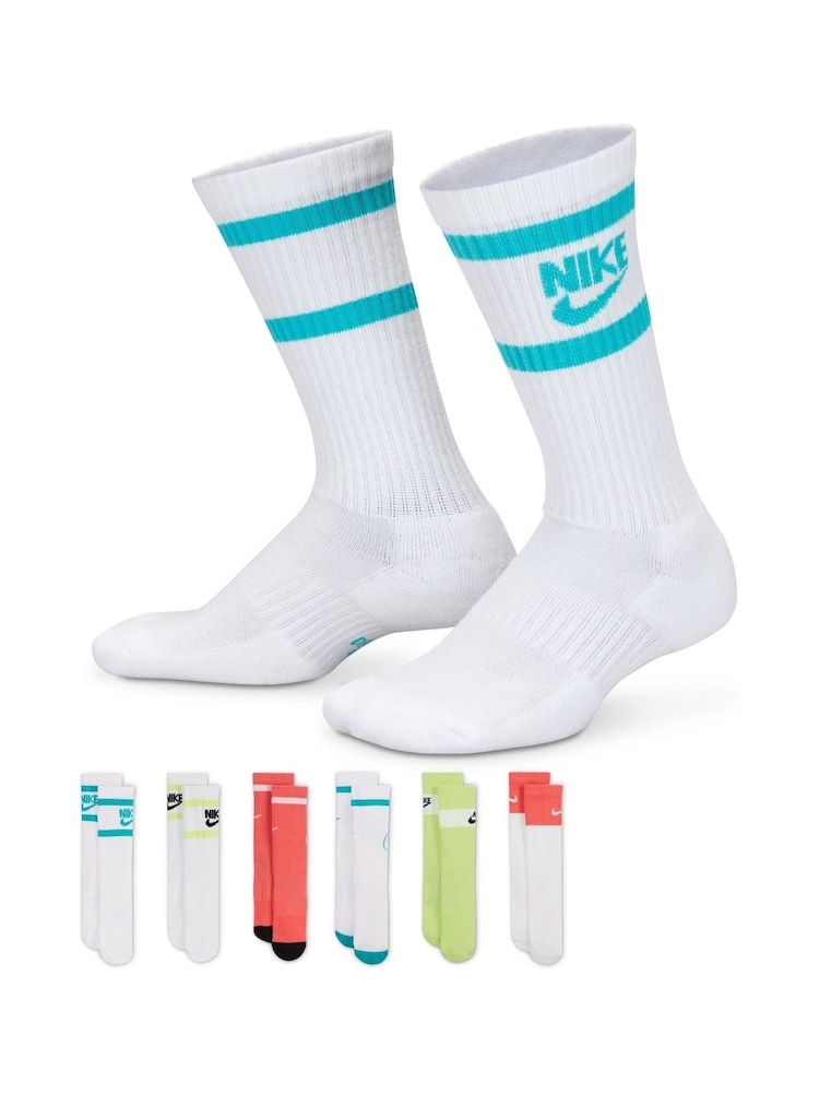 Nike White Blue Kids Cushioned Crew Socks 6 Pack - Image 1 of 4 Nike White Blue Kids Cushioned Crew Socks 6 Pack - Image 1 of 4