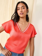 Friends Like These Pink V-Neck Diamante Trim Short Sleeve Blouse - Image 1 of 1