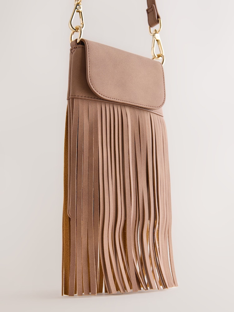 Tan Brown Fringe Phone Bag - Image 4 of 6
