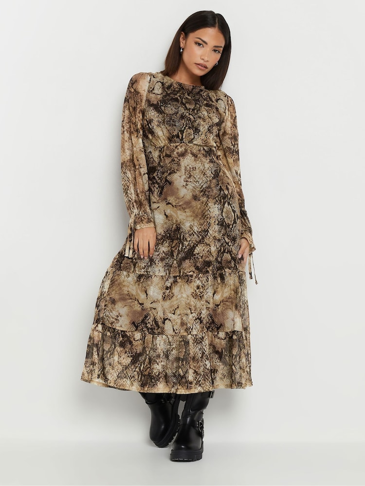 PixieGirl Petite Beige Brown Snake Print Mesh Tiered Dress - Image 1 of 5