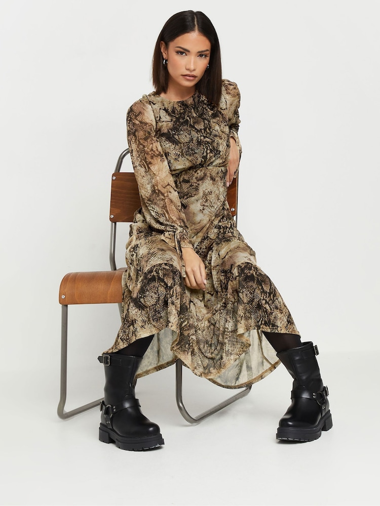 PixieGirl Petite Beige Brown Snake Print Mesh Tiered Dress - Image 2 of 5