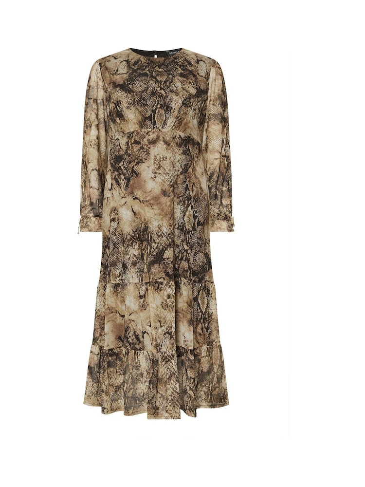 PixieGirl Petite Beige Brown Snake Print Mesh Tiered Dress - Image 5 of 5