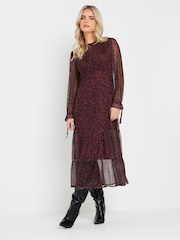 PixieGirl Petite Burgundy Red Leopard Print Mesh Tiered Dress - Image 1 of 5