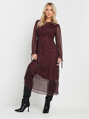 PixieGirl Petite Burgundy Red Leopard Print Mesh Tiered Dress - Image 2 of 5