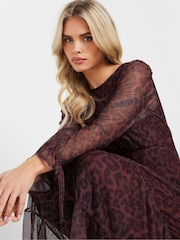 PixieGirl Petite Burgundy Red Leopard Print Mesh Tiered Dress - Image 4 of 5