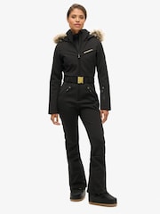 Superdry Black All In One Belted Faux Fur Hood Ski Suit - Image 1 of 3