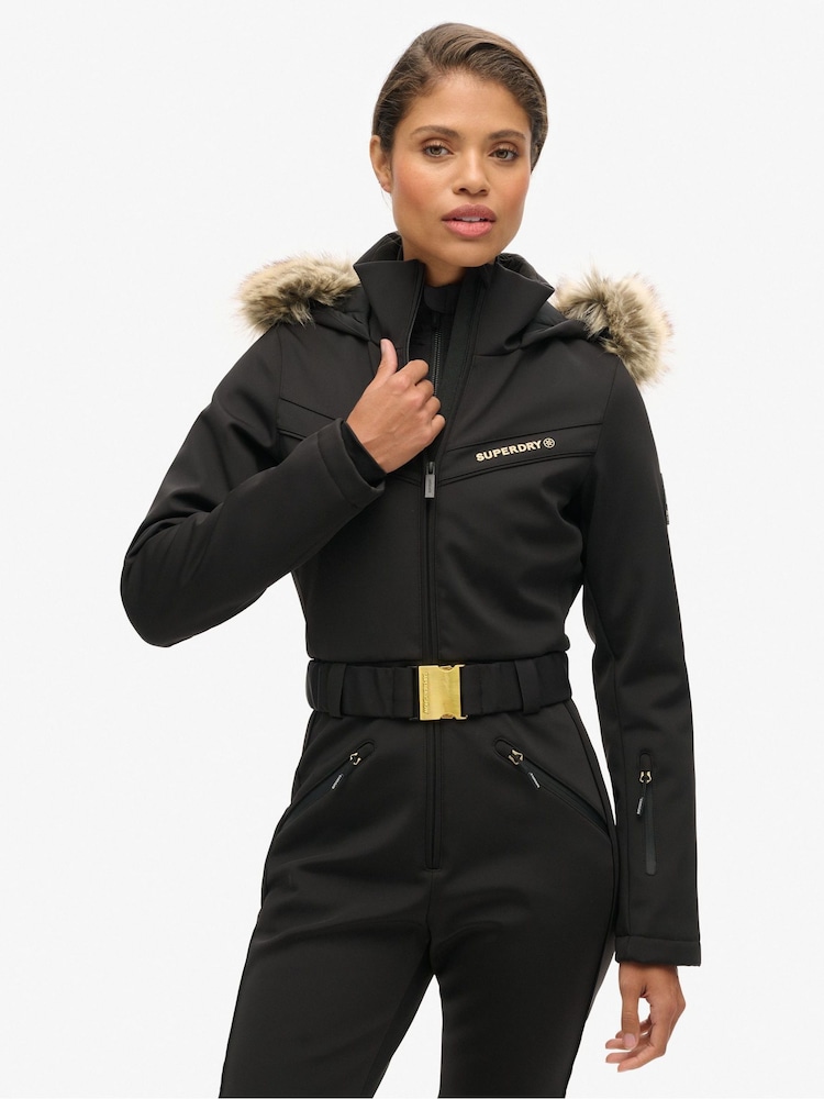 Superdry Black All In One Belted Faux Fur Hood Ski Suit - Image 2 of 3