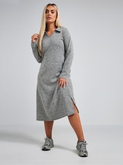 Yours Curve Grey Limited Collection Ribbed Collar Midi Dress - Image 1 of 5