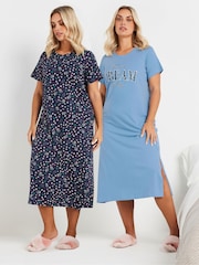 Yours Curve Blue Let Me Dream All Day Midaxi 100% Cotton Nighties 2 Pack - Image 1 of 8