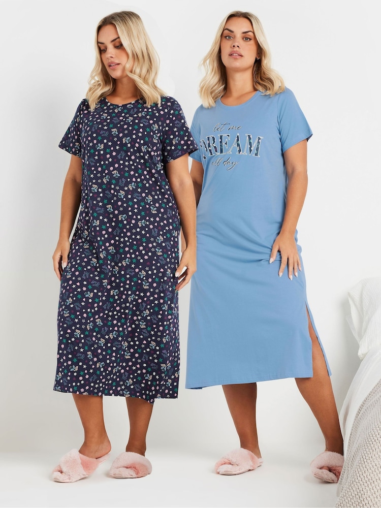Yours Curve Blue Let Me Dream All Day Midaxi 100% Cotton Nighties 2 Pack - Image 1 of 8