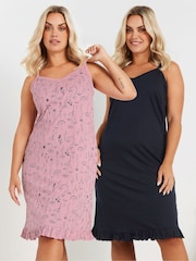 Yours Curve Pink Linear Floral 100% Cotton Chemises 2 Pack - Image 1 of 8