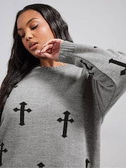 Yours Curve Grey Limited Cross Knitted Jumper - Image 1 of 6