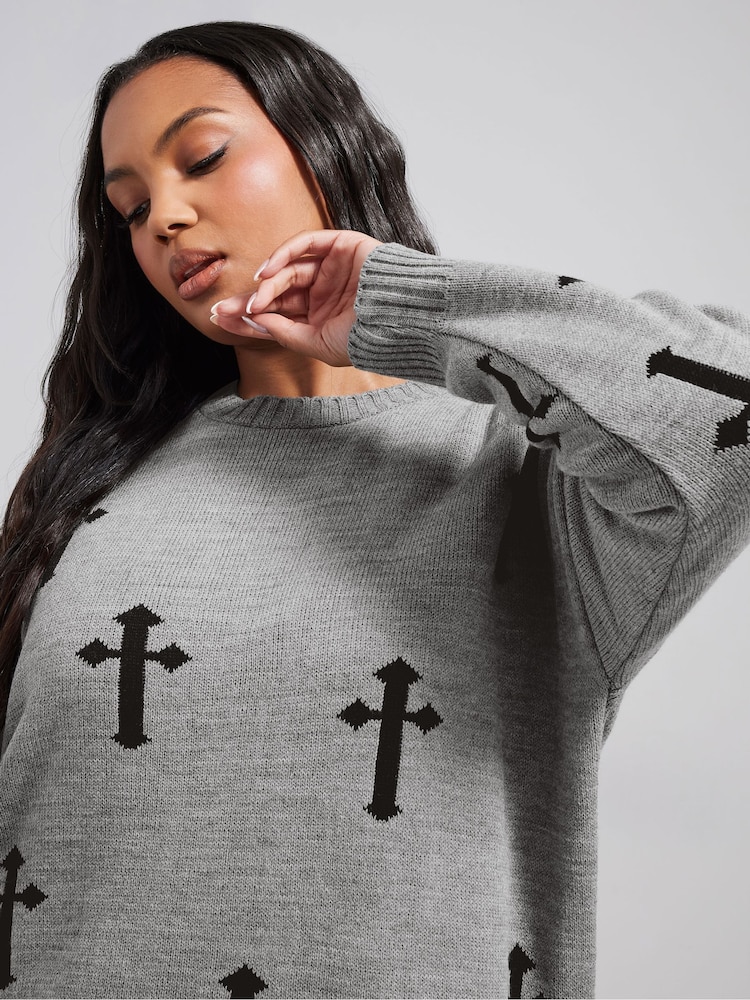 Yours Curve Grey Limited Cross Knitted Jumper - Image 1 of 6