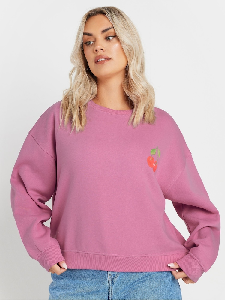 Yours Curve Pink Cherry Back Print Sweatshirt - Image 1 of 6
