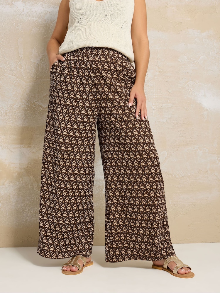Yours Curve Brown Ikat Structured Wide Leg Trousers - Image 1 of 5