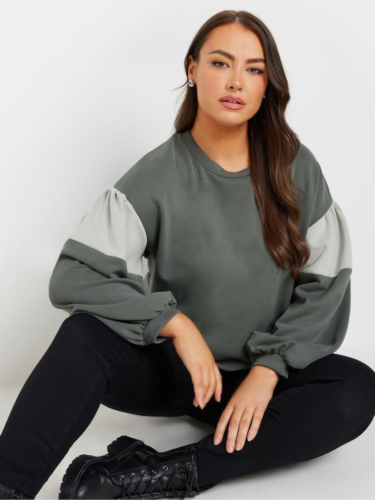 Yours Curve Grey Colour Block Sleeve Sweatshirt - Image 1 of 5