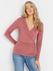 Long Tall Sally Pink Long Sleeve Cotton Wrap Top - Image 1 of 5