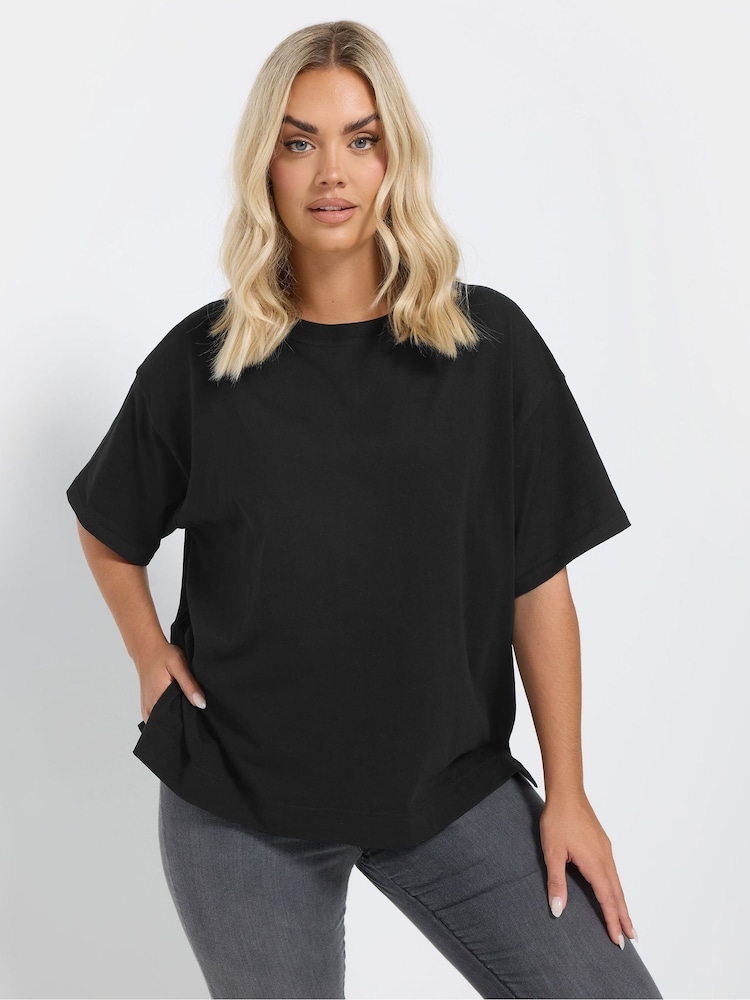 Yours Curve Black Heavy Weight Box 100% Cotton T-Shirt - Image 1 of 5