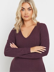 Yours Curve Purple Flared Ribbed Dress - Image 4 of 5